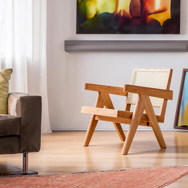 Accent chair with rattan backrest: Witness the best of cherry wood craftsmanship