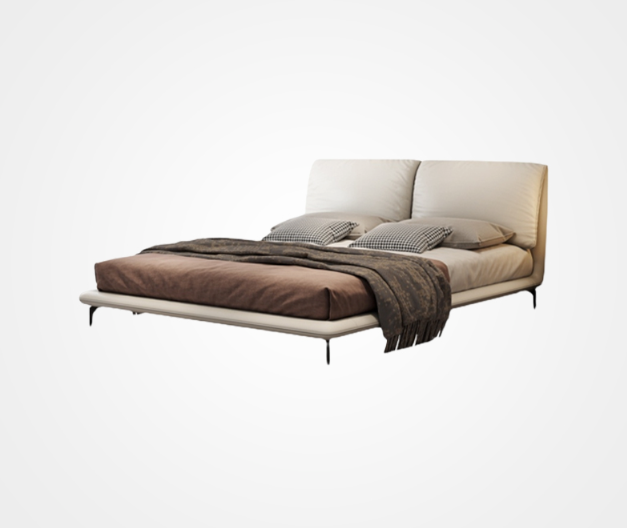 Cream-white bed frame with leather cushion headboard